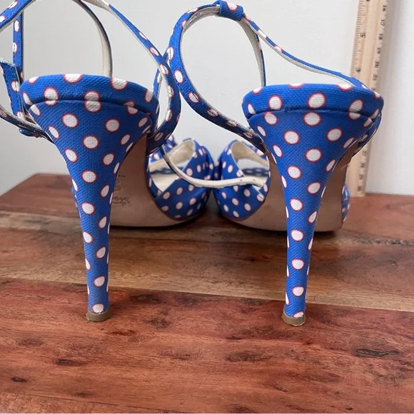 Something Bleu, polka dot sandals, blue/orange/white. Leather sole, size 9 - Picture 7 of 8